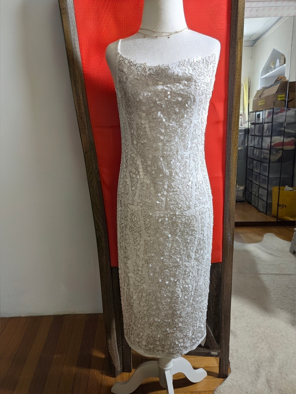 NWT Laundry By Shelli Segal Ivory One-Shoulder Sequin Sheath Dress